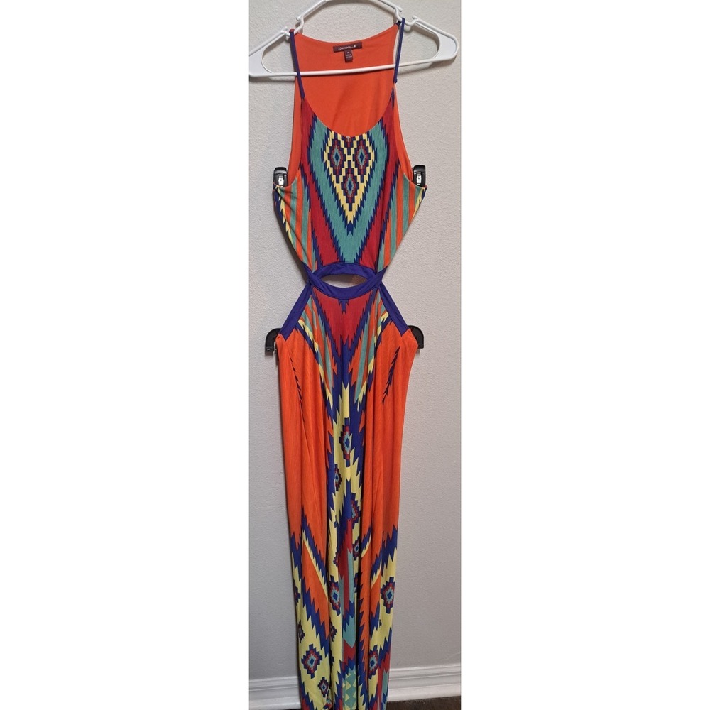 Grevergate Maxi Dress Medium Orange Aztec Boho Cutout Sleeveless Long Summer